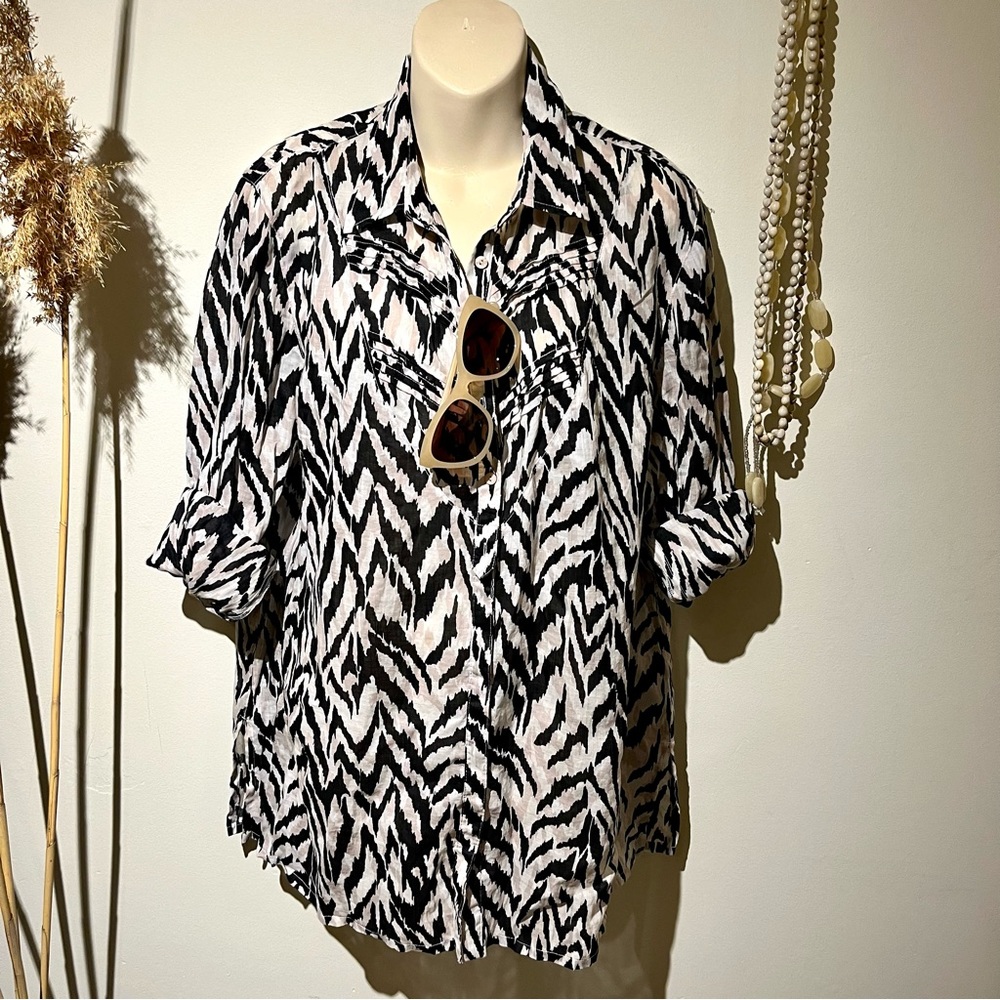 Olsen Europe Animal Print Long Sleeve Button front Blouse ,Size 14